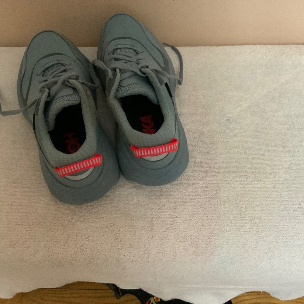 Hoka Gray Athletic Shoes with Red Accents